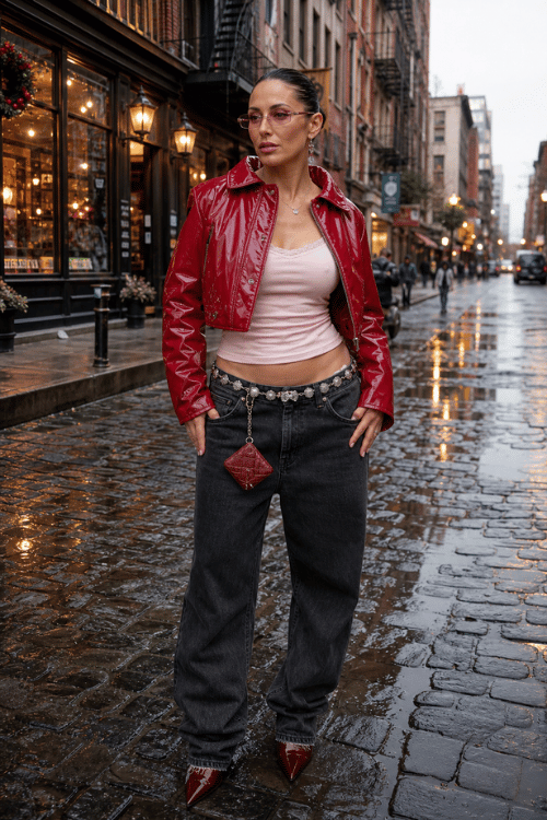 Woman wearing a red patent leather jacket over a blush camisole with charcoal jeans, red pointed-toe heels, and a quilted mini bag.