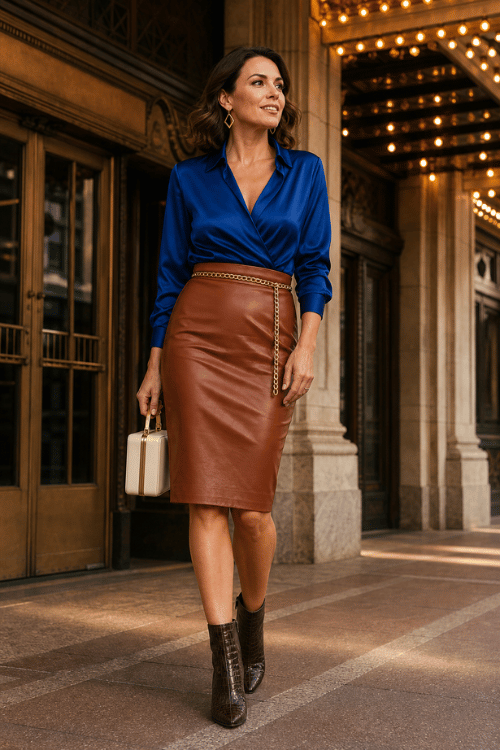 Woman wearing a royal blue satin blouse with a brown leather pencil skirt and ankle boots outside a historic theater.