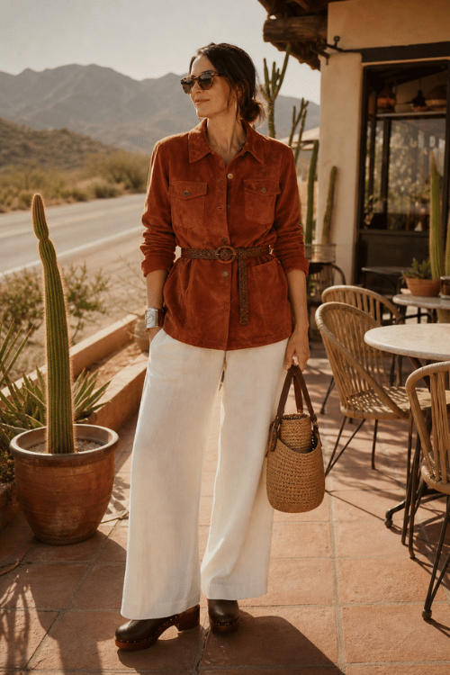 Woman wearing a rust belted overshirt with white wide leg pants and brown clogs.