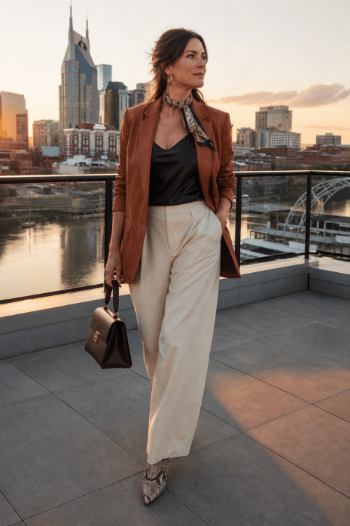 Woman wearing a rust blazer, black satin camisole, cream wide-leg pants, and snakeskin boots on a rooftop.