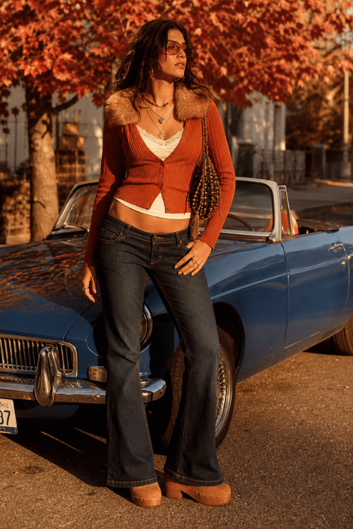 Woman wearing a rust cardigan with a faux fur collar over a lace-trim camisole, dark bootcut jeans, platform clogs, and a studded shoulder bag.