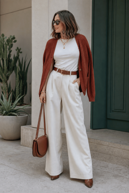 Woman wearing a rust cardigan with white wide leg pants and brown pointed toe heels.