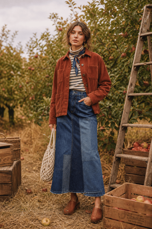 Woman wearing a rust corduroy jacket with a striped top and a patchwork denim maxi skirt.