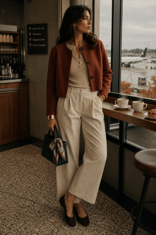 Woman wearing a rust cropped jacket over a beige knit top with ivory wide-leg trousers, brown flats, and a black handbag.