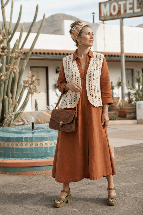 Woman wearing a rust shirt dress with a crochet vest and platform sandals.