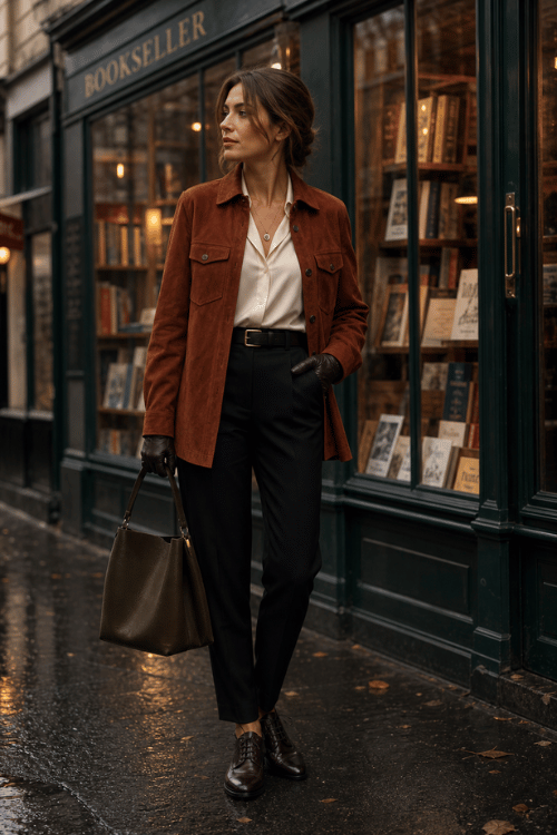 Woman wearing a rust suede overshirt over a white blouse with black tailored pants, brown Oxford shoes, and leather gloves.