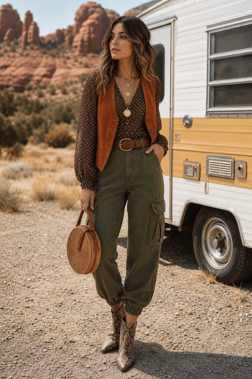 Woman wearing a rust suede vest with an olive cargo pants and snakeskin ankle boots.