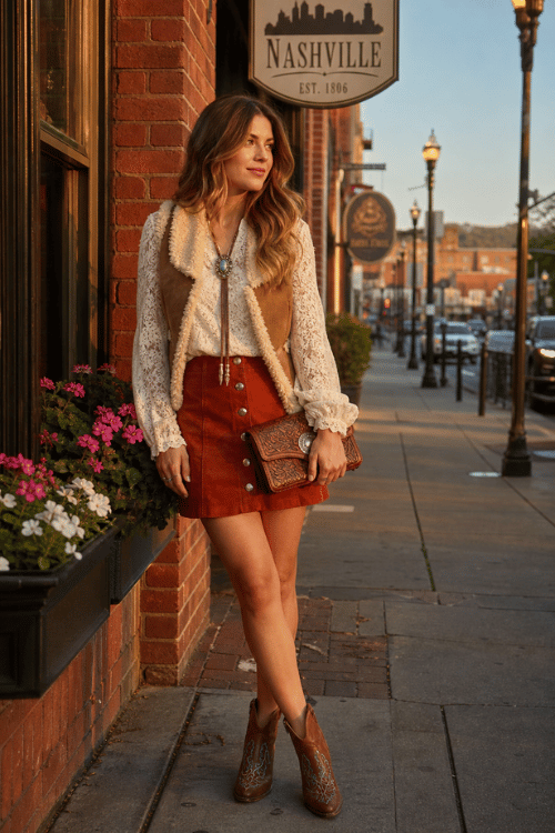 Woman wearing a shearling vest, lace blouse, rust button-front mini skirt, and cowboy boots on a Nashville street.