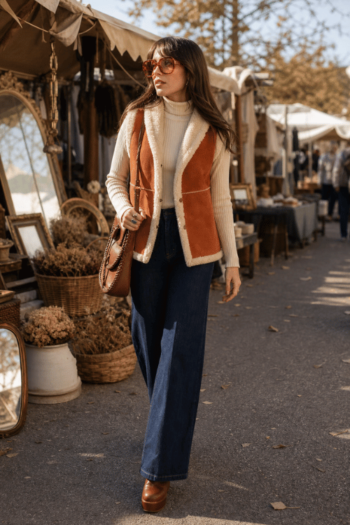 Woman wearing a shearling vest with a cream turtleneck, wide leg jeans, and brown clogs.