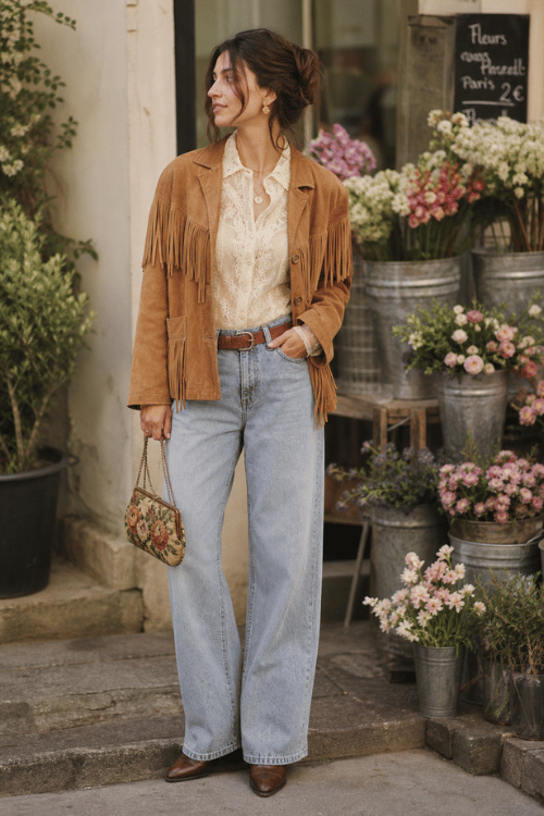 Woman wearing a tan fringe suede jacket with a lace blouse and light wash jeans.