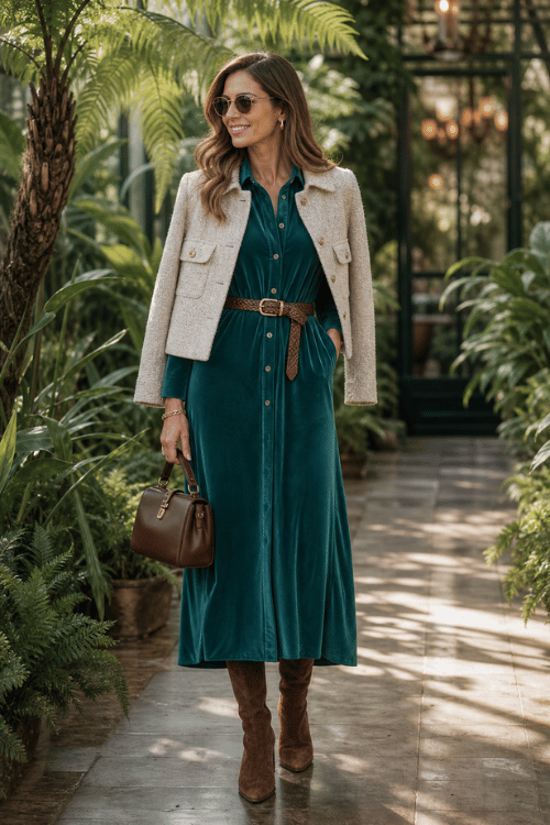 Woman wearing a teal belted shirt dress with a cream cropped jacket, brown suede boots, and a brown leather handbag.