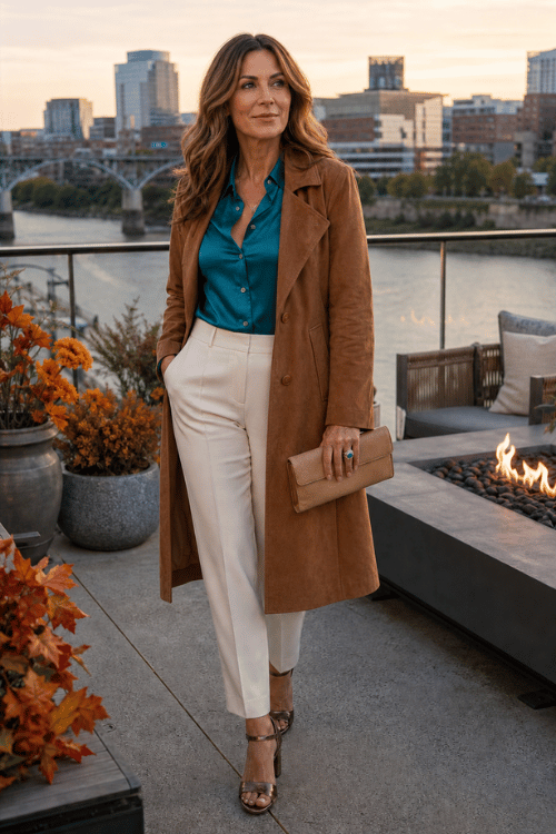 Woman wearing a teal button-up blouse with white trousers and a camel trench coat.