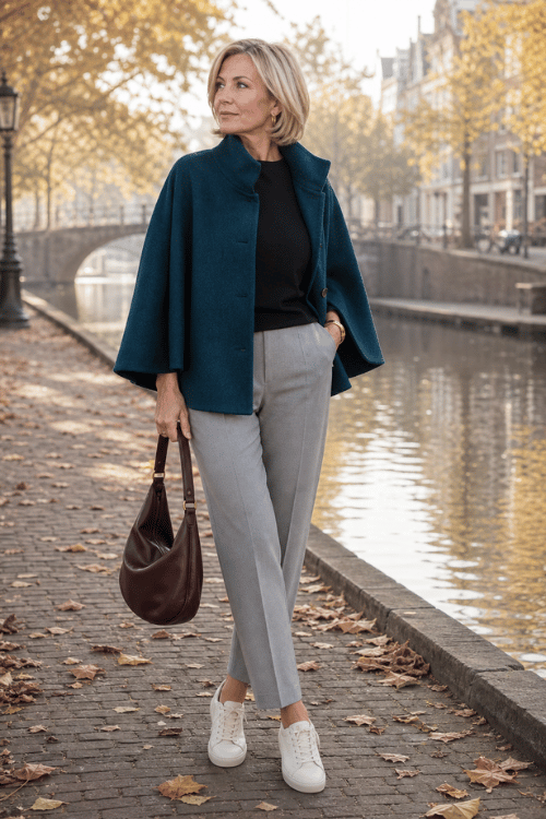 Woman wearing a teal cape jacket over a black sweater with light gray tailored trousers and white sneakers.