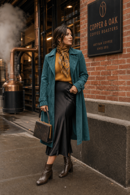 Woman wearing a teal trench coat with a mustard blouse, black satin skirt, and brown ankle boots.