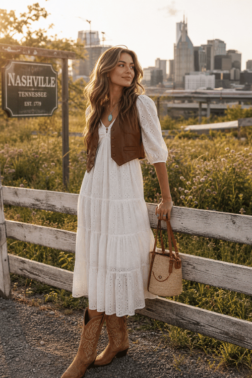Woman wearing a white eyelet maxi dress, brown suede vest, and cowboy boots with the Nashville skyline behind her.