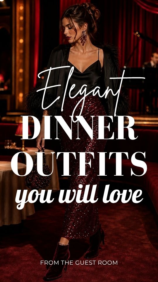 Woman wearing an elegant dinner outfit with a black satin camisole, feather-trimmed jacket, burgundy sequin skirt, ankle boots, chandelier earrings