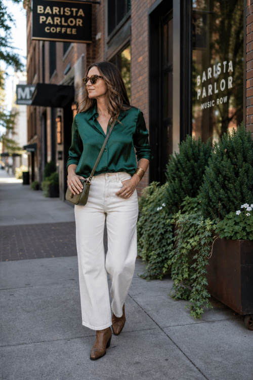 Woman wearing an emerald satin blouse with white straight-leg jeans and brown ankle boots.