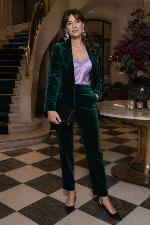 Woman wearing an emerald velvet suit with a lilac camisole and black pointed heels.