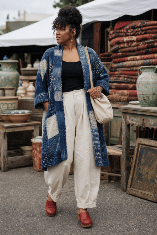 Woman wearing an indigo patchwork kimono with a black tank and white linen pants.