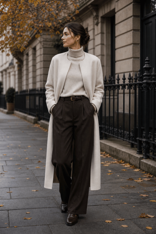 Woman wearing an ivory long coat over a beige turtleneck with dark brown wide-leg trousers and brown loafers.