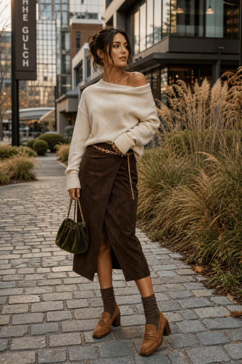 Woman wearing an ivory off-the-shoulder sweater with a brown wrap midi skirt and loafers.