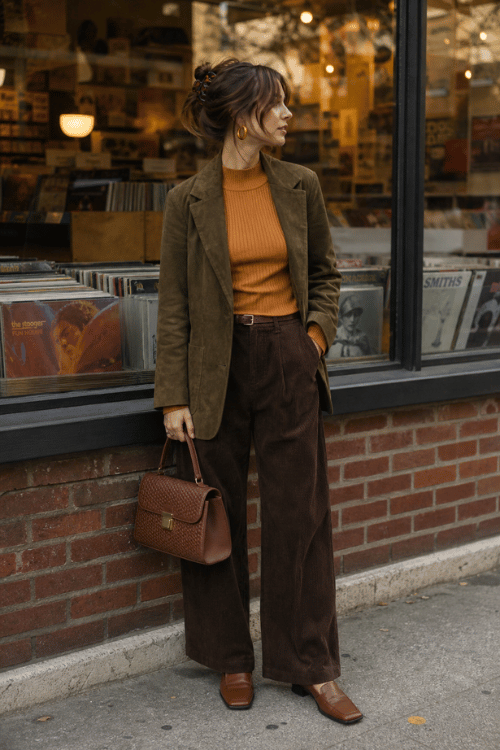 Woman wearing an olive blazer with a rust knit top, brown wide-leg trousers, and square-toe boots.