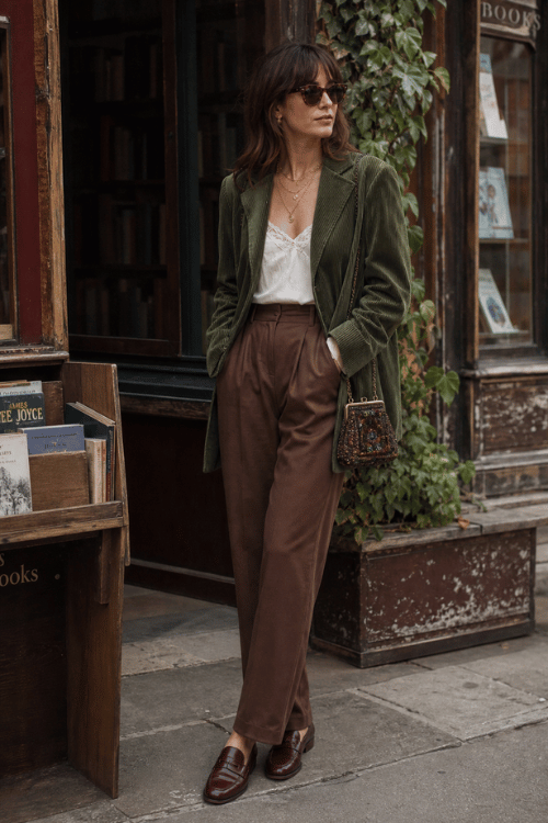 Woman wearing an olive corduroy blazer with a white lace camisole and brown trousers.