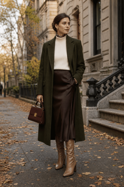 Woman wearing an olive green coat over a cream turtleneck with a chocolate satin midi skirt, tan knee-high boots, and a burgundy handbag.