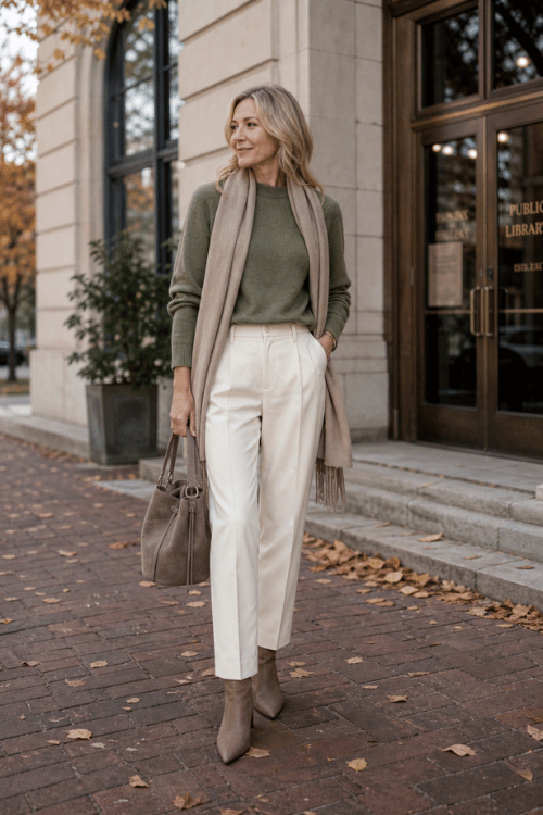 Woman wearing an olive green sweater with ivory tailored trousers, taupe ankle boots, and a beige scarf.