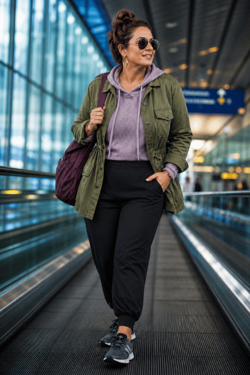 Woman wearing an olive green utility jacket over a lavender hoodie with black jogger pants, gray running shoes, aviator sunglasses, gold hoop earrings, and a plum travel backpack