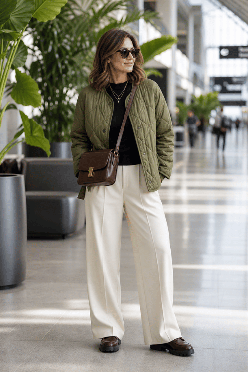 Woman wearing an olive quilted jacket over a black sweater with ivory wide-leg trousers, brown loafers, and a brown crossbody bag