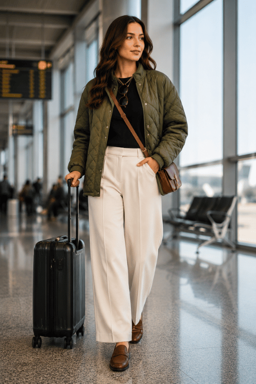 Woman wearing an olive quilted jacket with ivory wide-leg trousers at the airport.
