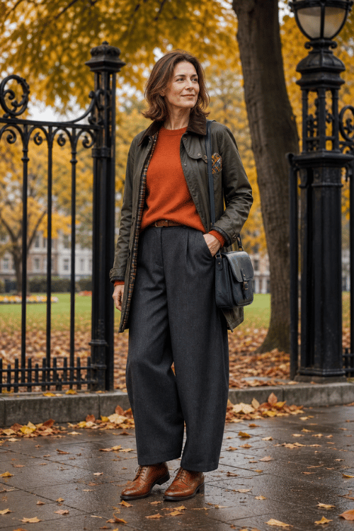 Woman wearing an olive utility jacket with an orange sweater and charcoal wide leg trousers.
