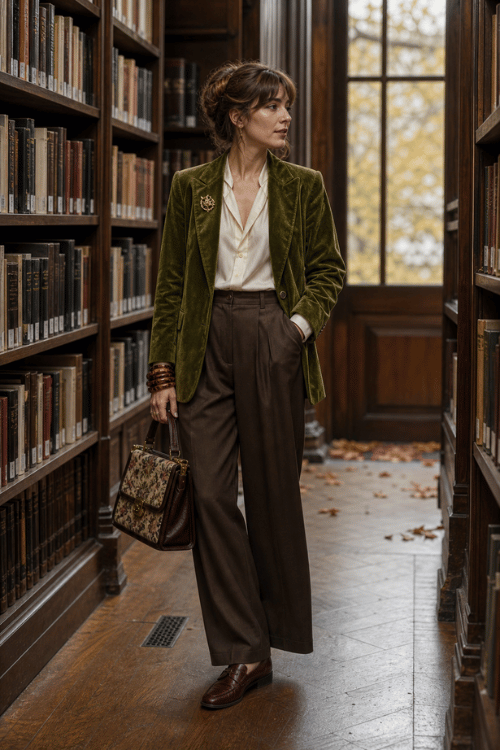 Woman wearing an olive velvet blazer with a cream blouse and brown wide leg trousers.