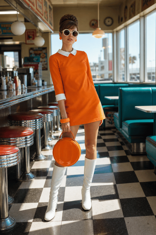 Woman wearing an orange mod mini dress with white knee-high boots.