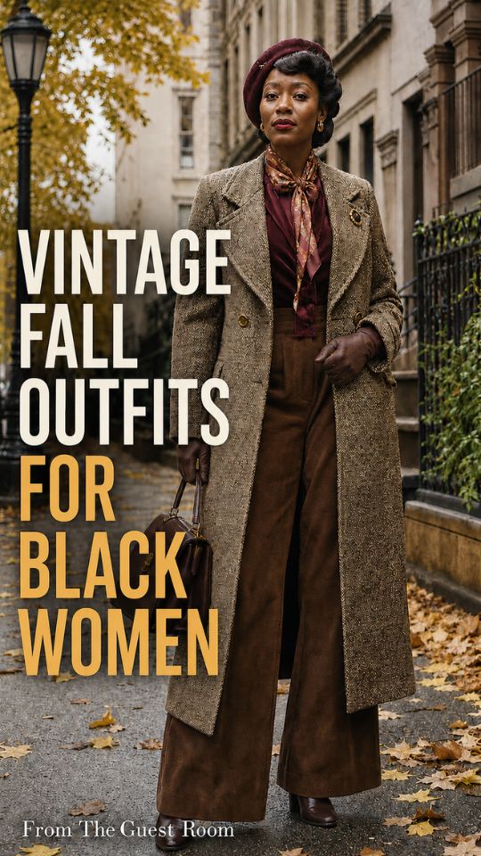 a black woman in a vintage fall outfit with a tweet long coat over a brown outfit