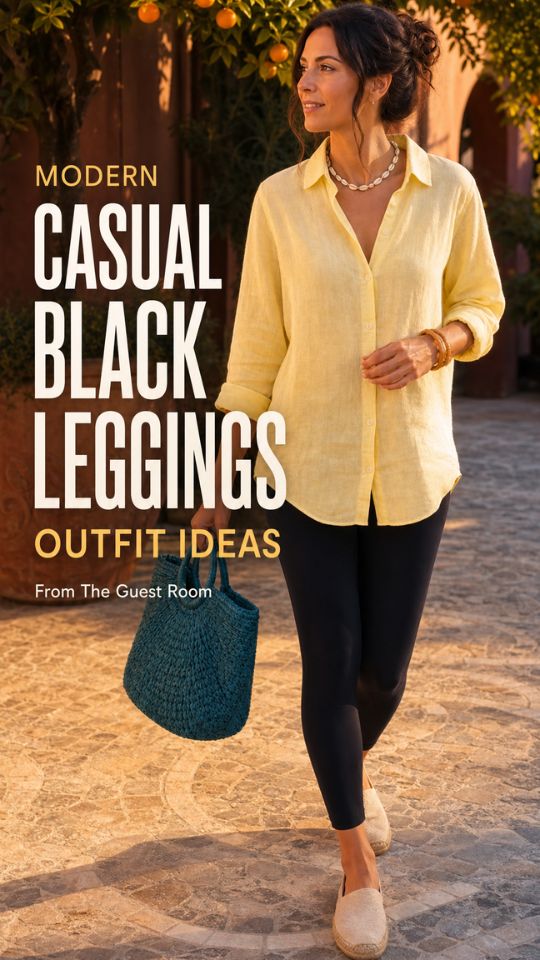 a woman in a casual black leggings outfit with a yellow shirt, and flats