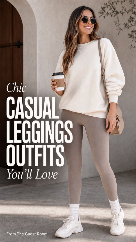 a woman in a casual leggings outfit with a cream sweater and white sneakers