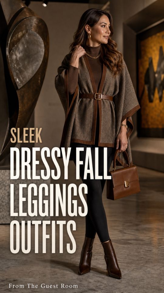 a woman in a dressy fall leggings outfit with a brown sweater, a coat layer over, and brown boots