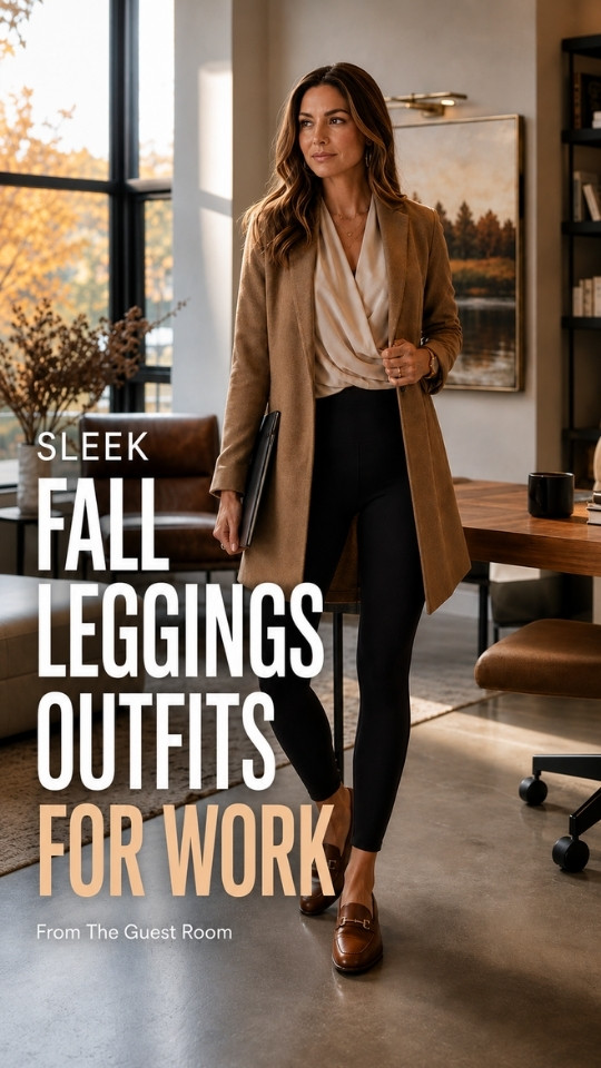 a woman in a fall leggings outfit for work with a blouse, a long coat, flats
