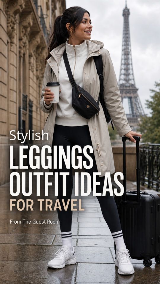 a woman in a leggings outfit for travel with a beige hooded raincoat over a white zip-up top, white sneakers