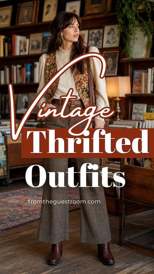 a woman in a vintage thrifted outfit