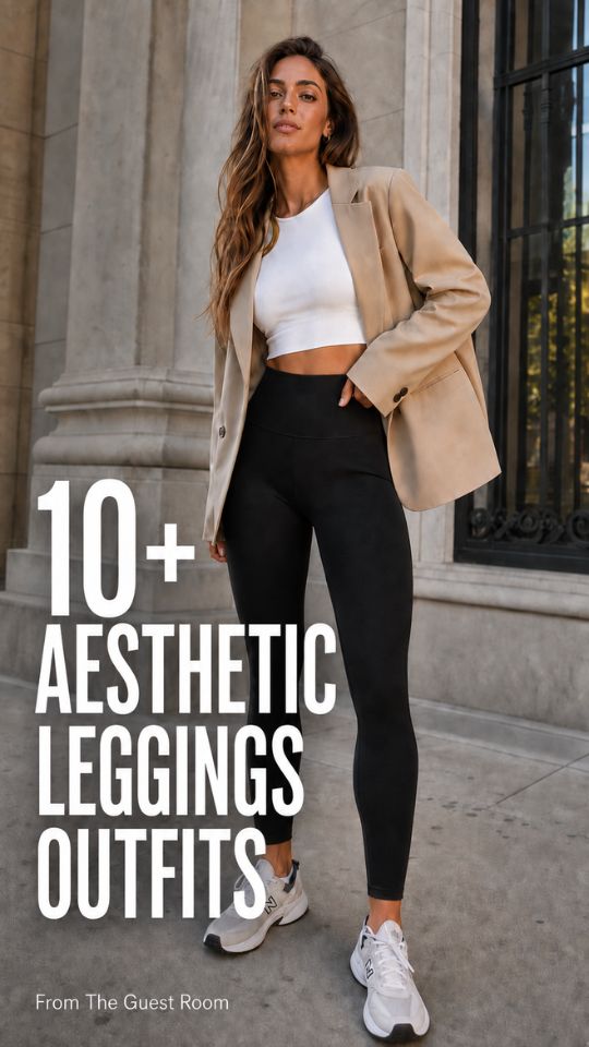 a woman in an aesthetic leggings outfit with a black tank top and a blazer, white sneakers