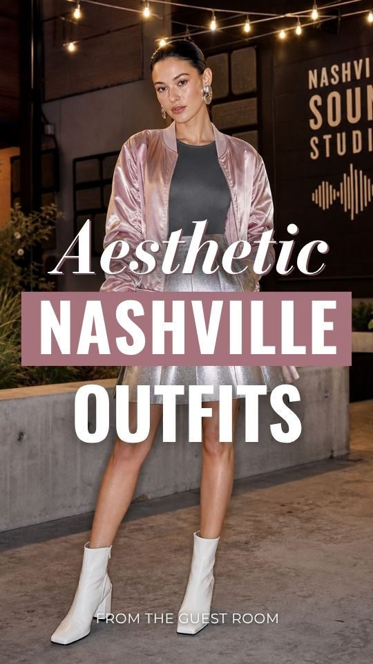 a woman in an aesthetic outfit with a gray fitted top, a pink jacket and a silver pleated skirt, white boots