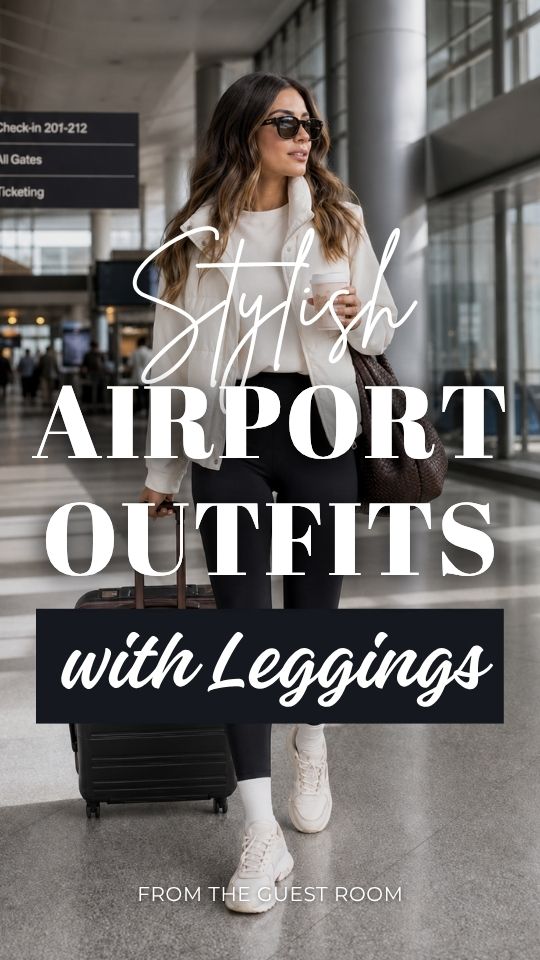 a woman in an airport outfit with leggings, a puff jacket and a T shirt
