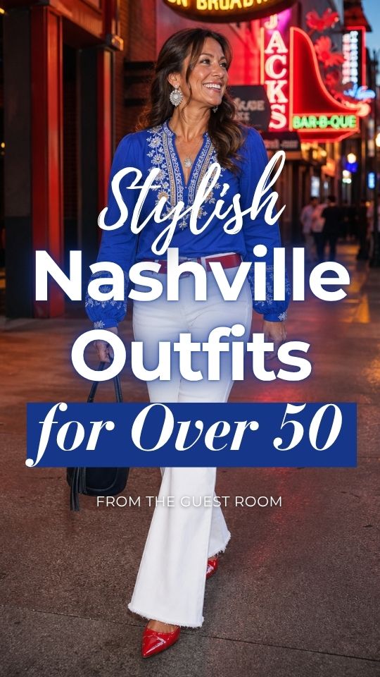a woman over 50 wears a stylish Nashville outfit