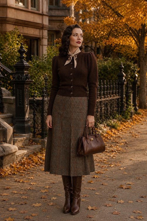 a woman wears a brown cardigan with a plaid midi skirt, silk scarf, and knee-high boots