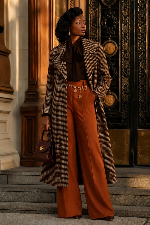 a woman wears a brown houndstooth coat with rust wide-leg pants, a chain belt, and brown heels