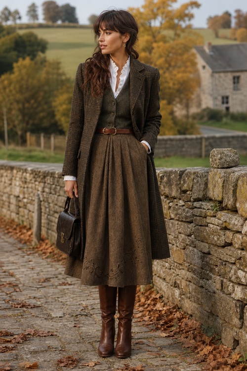 a woman wears a brown plaid coat with a belted midi skirt, white blouse, and brown knee-high boots