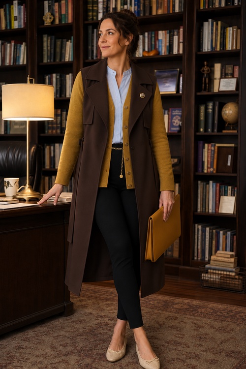 a woman wears a brown sleeveless coat with a mustard cardigan, blue blouse, black pants, and beige flats in a library office
